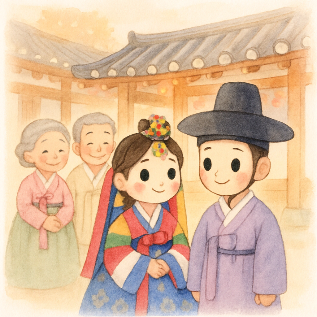 결혼식 날 예쁜 한복을 입고 시댁 식구들이 따뜻하게 맞아주는 장면